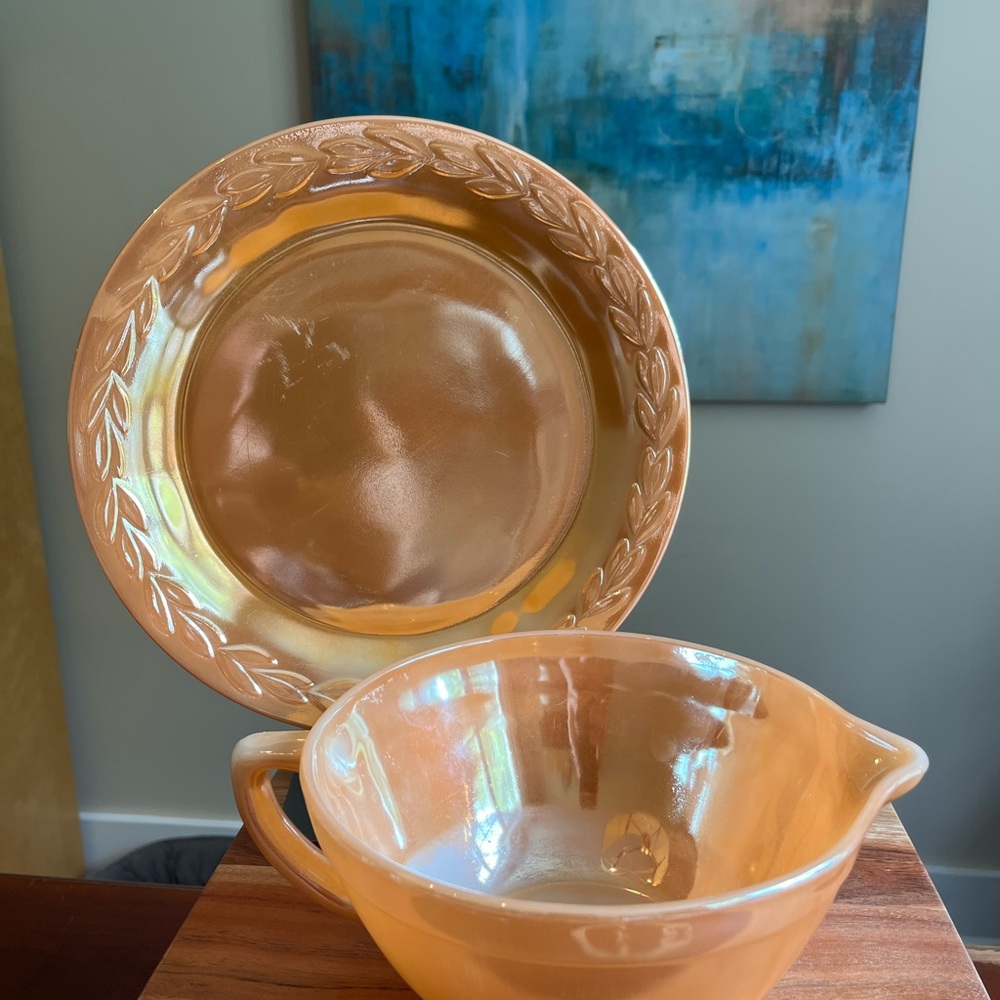 FIRE KING Mixing Bowl and Serving Plate with Leaf Motif